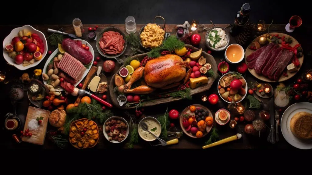 Overhead view of an elaborate feast with roasted poultry, cured meats, fresh fruits, vegetables, breads, and various prepared dishes arranged on a dark table