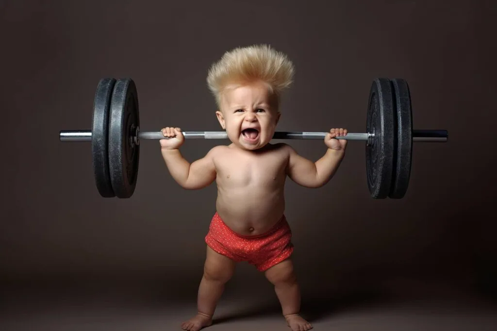 Toddler with blonde spiky hair lifting a barbell with weight plates on brown background