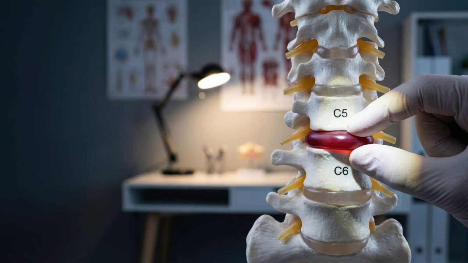 Doctor holding a cervical spine model, pointing to the C5 and C6 vertebrae with a red disc visible between them in a medical clinic setting