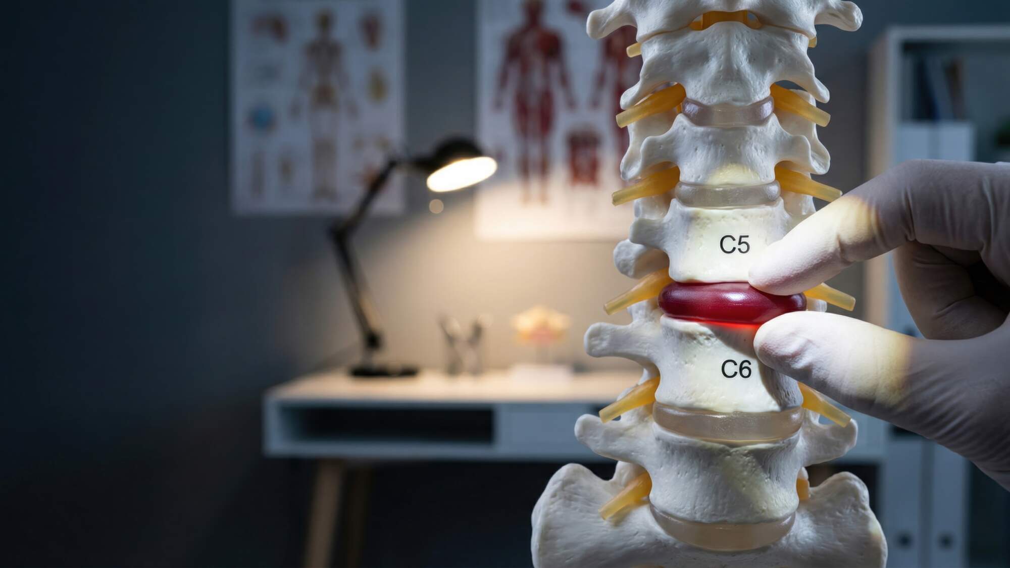 Doctor holding a cervical spine model, pointing to the C5 and C6 vertebrae with a red disc visible between them in a medical clinic setting